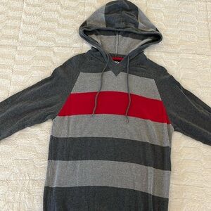Men’s hooded sweater size large. Charcoal gray… light gray and one red stripe
